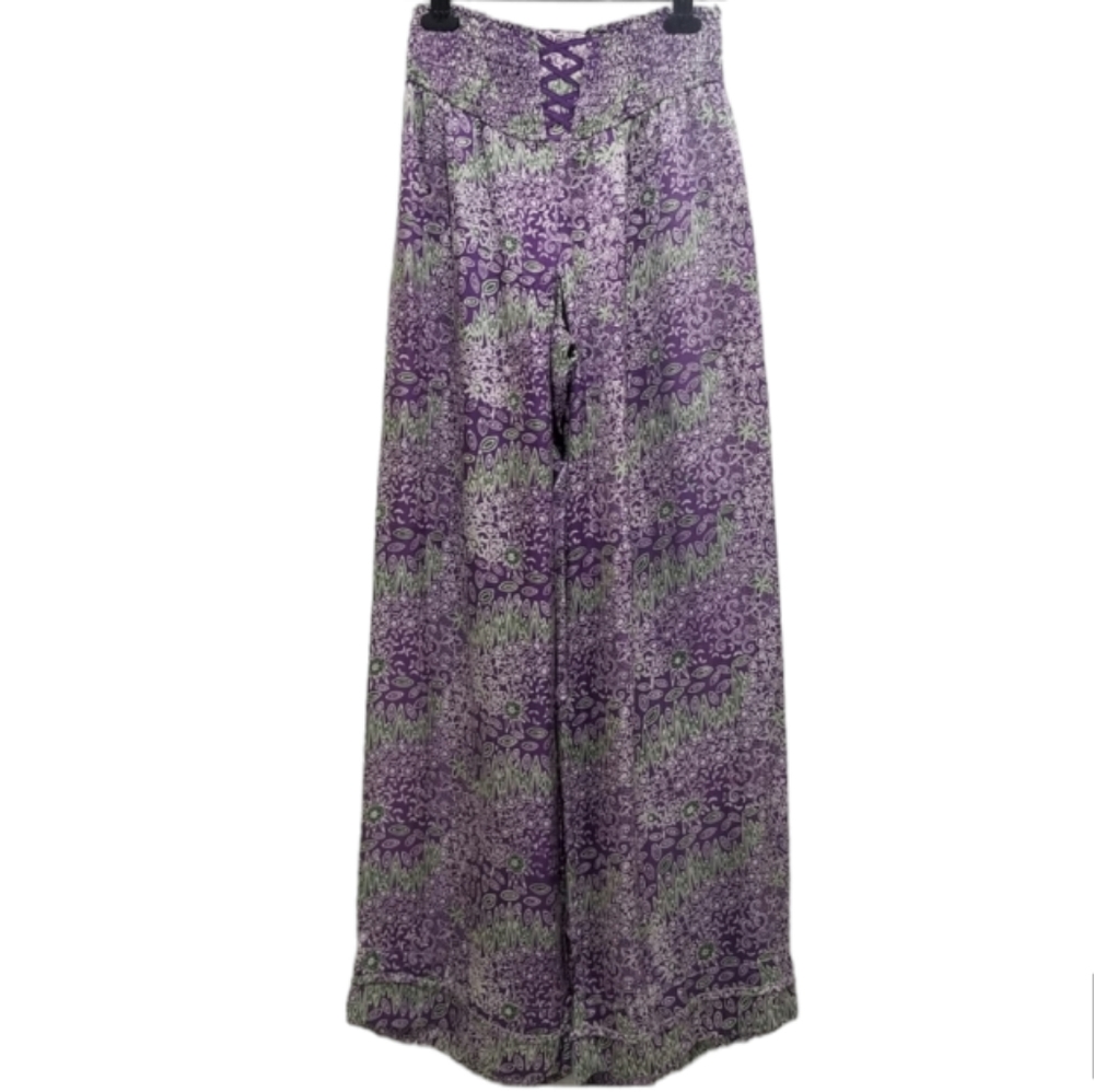 Poupette St Barth 100% Silk Wide Leg Pull On Pants Purple Large Printed
